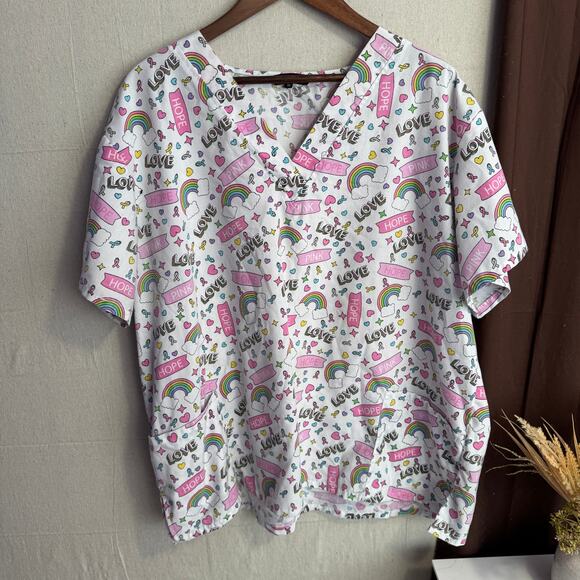 Cassandra O Size 3X Scrub Top Awareness Ribbon Rainbow Hope Print - Picture 2 of 11